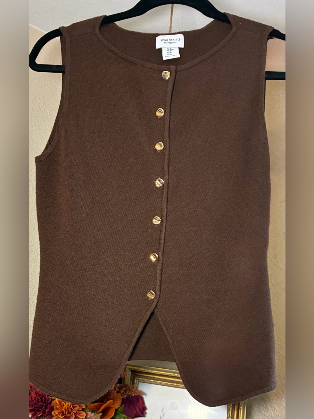 Song of Style by Aimee Song Chocolate Brown Gold Button Knit Vest Size M
